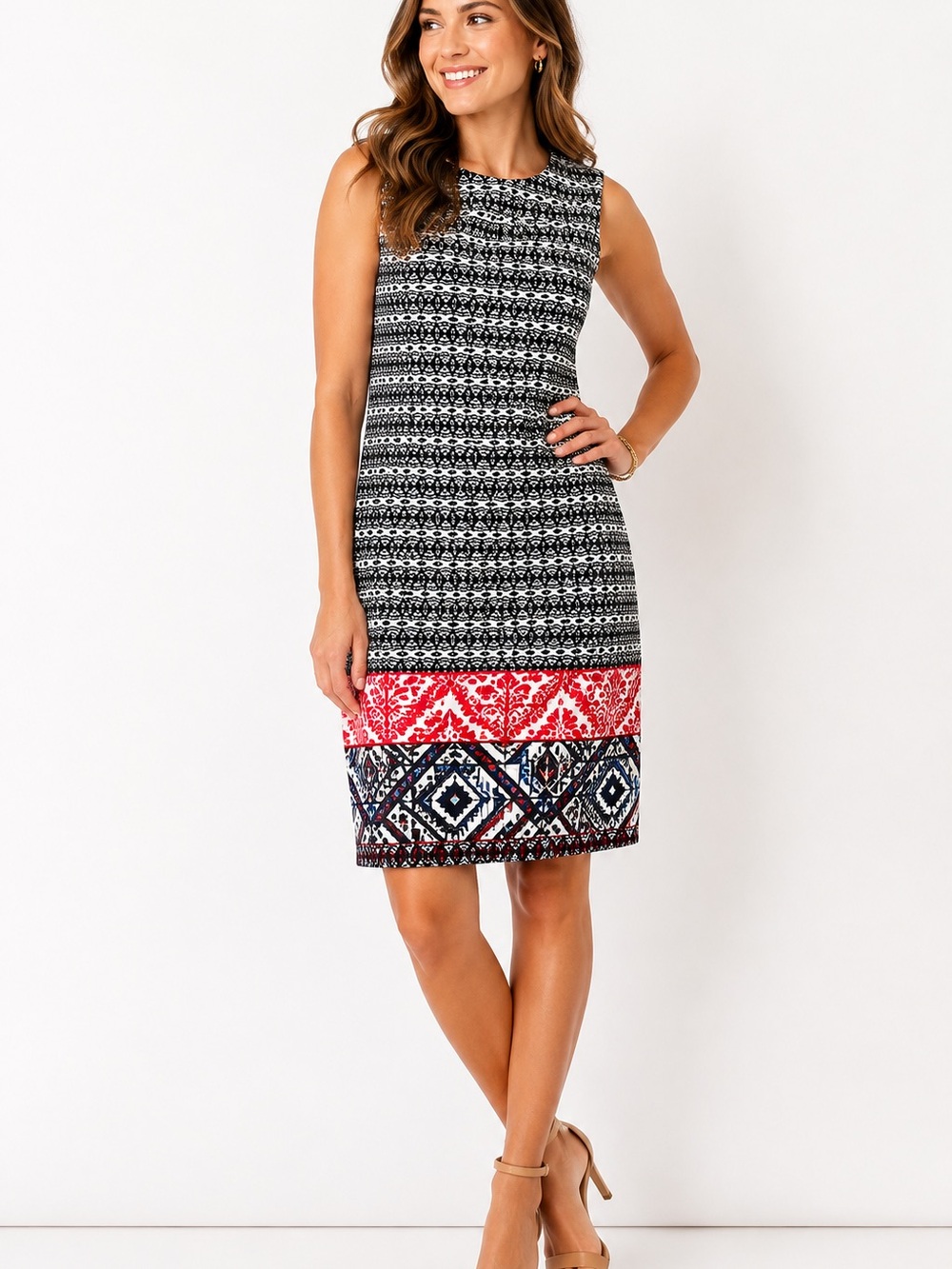 Mario Serrani Black, White and Red Patterned Sleeveless Shift Dress